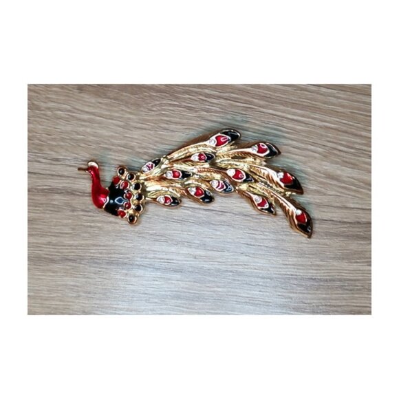 VINTAGE Statement Peacock Bird Brooch Pin Bejeweled Pop Of color Gold Red. - Picture 2 of 6